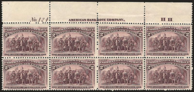 2c Columbian (231).> Mint N.H. top imprint, plate no. 124 and letter H H at right block of eight, rich color, bottom right stamp small natural inclusion, Fine