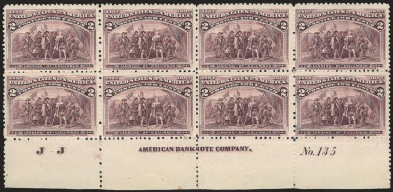 2c Columbian (231).> Bottom imprint, plate no. 135 and letter J J at left block of eight, original gum, detailed impression, some perf separations sensibly rejoined, Fine