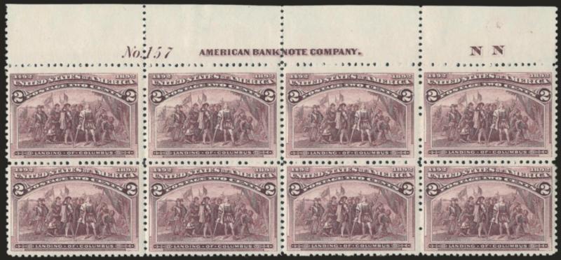 2c Columbian (231).> Mint N.H. top imprint, plate no. 157 and letter N N at right block of eight, brilliant color on bright paper, Very Fine and choice, an exceptionally beautiful Mint N.H. full top plate
block