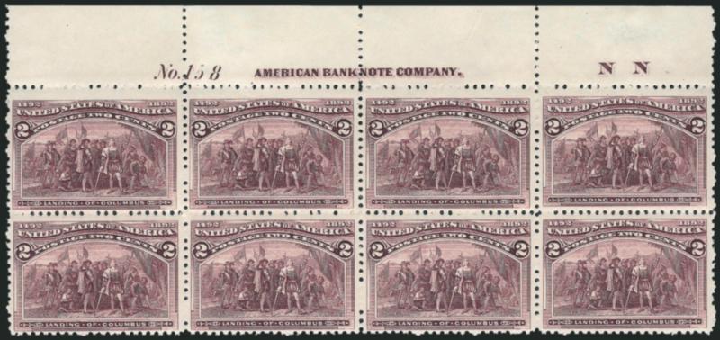 2c Columbian (231).> Mint N.H. top imprint, plate no. 158 and letter N N at right block of eight, detailed impression, natural pre-printing paperfold, Fine-Very Fine