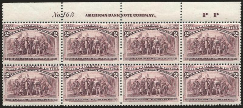 2c Columbian (231).> Mint N.H. top imprint, plate no. 168 and letter P P at right block of eight, radiant color on bright paper, fresh and Fine