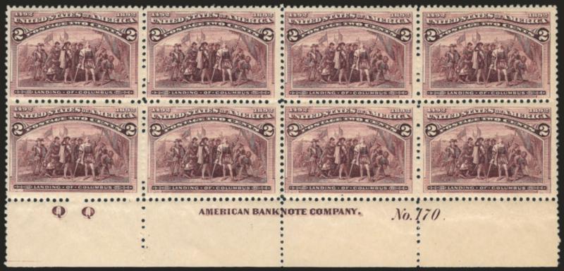 2c Columbian (231).> Mint N.H. bottom imprint, plate no. 170 and letter Q Q at left block of eight, faint overall toning, otherwise Fine