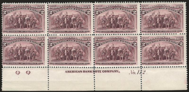 2c Columbian (231).> Mint N.H. bottom imprint, plate no. 172 and letter Q Q at left block of eight, crisp impression, insignificant horizontal crease in selvage, Fine
