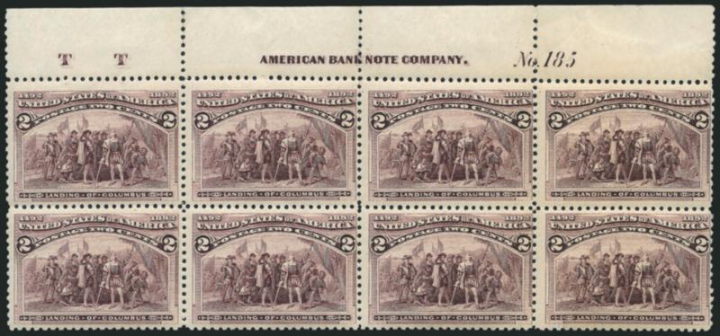 2c Columbian (231).> Top imprint, plate no. 185 and letter T T at left block of eight, original gum, lightly hinged, detailed impression, few perf separations, Fine-Very Fine