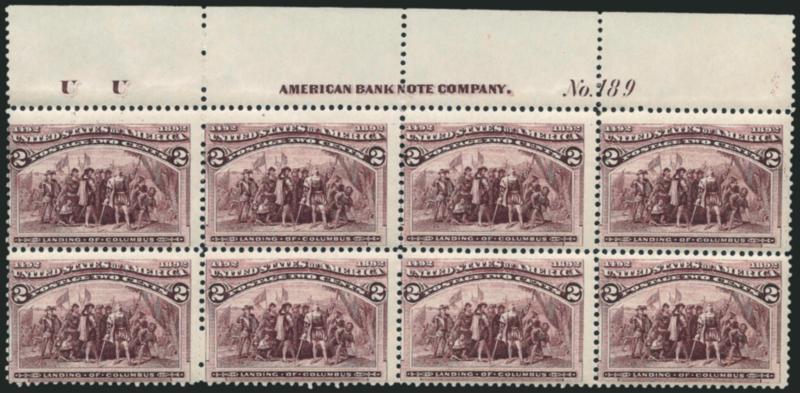 2c Columbian (231).> Top imprint, plate no. 189 and letter U U at left block of eight, original gum, deep rich color and sharp proof-like impression, Very Good-Fine