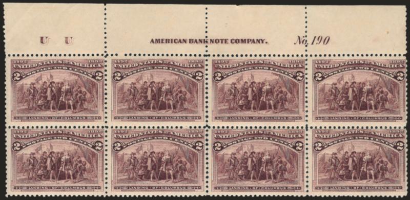 2c Columbian (231).> Mint N.H. top imprint, plate no. 190 and letter U U at left block of eight, bright shade, significant perf separations, otherwise Fine