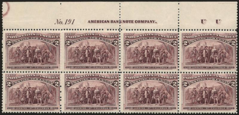 2c Columbian (231).> Mint N.H. top imprint, plate no. 191 and letter U U at right block of eight, rich color, perf separations at right, otherwise Fine
