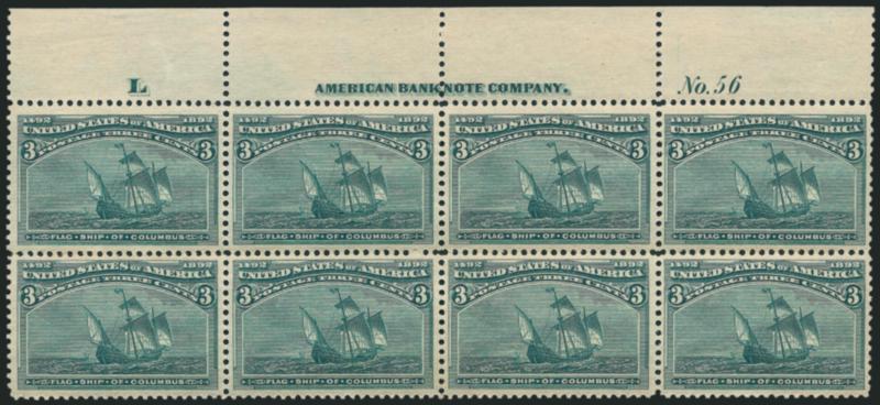 3c Columbian (232).> Top imprint, plate no. 56 and letter L at left block of eight, original gum, very lightly hinged, rich color, fresh and Very Fine-Extremely Fine, a gorgeous 3c Columbian top position plate
block