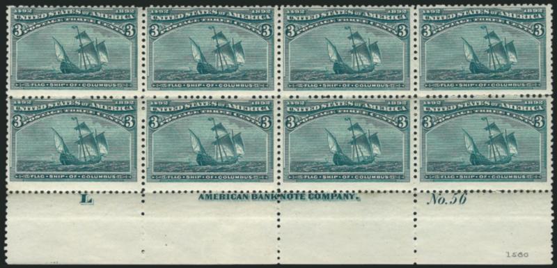 3c Columbian (232).> Bottom imprint, plate no. 56 and letter L at left block of eight, original gum, h.r., few disturbed spots, perf separations with some sensibly reinforced, otherwise Fine