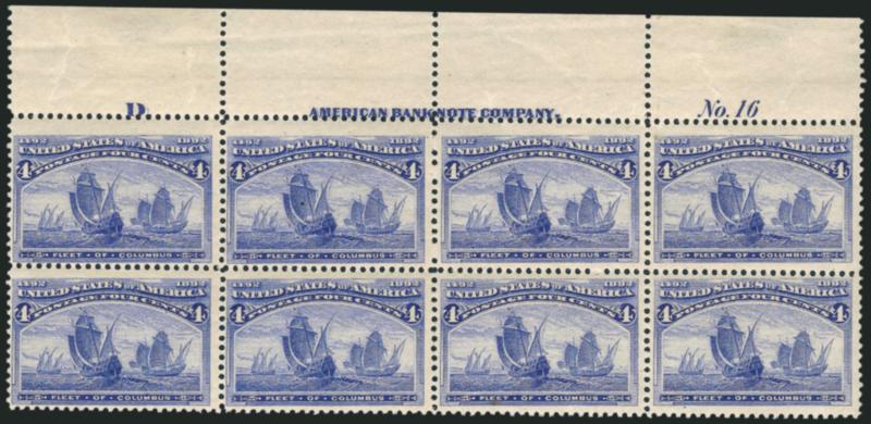 4c Columbian (233).> Mint N.H. top imprint, plate no. 16 and letter D at left block of eight, rich color, choice centering, few small natural paper imperfections in selvage, Fine-Very Fine