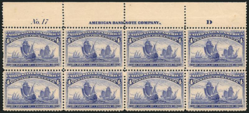 4c Columbian (233).> Mint N.H. top imprint, plate no. 17 and letter D at right block of eight, intense shade and impression, light natural gum bends, top left stamp small natural inclusion, pulled perfs at
left, otherwise Fine-Very Fine