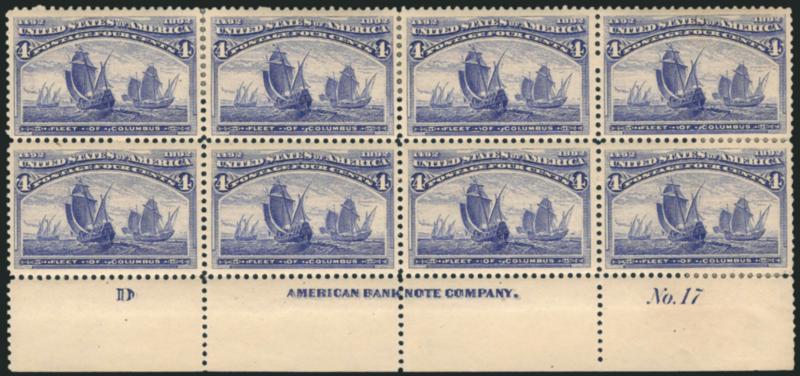 4c Columbian (233).> Bottom imprint, plate no. 17 and letter D at left block of eight, disturbed original gum, bit heavy h.r., detailed impression, few perf separations, Fine-Very Fine