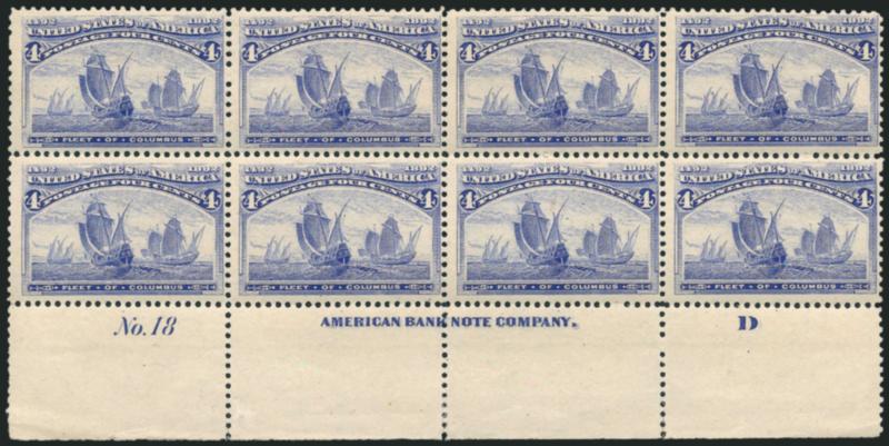 4c Columbian (233).> Bottom imprint, plate no. 18 and letter D at right block of eight, original gum, radiant color, few perf separations expertly reinforced, Fine