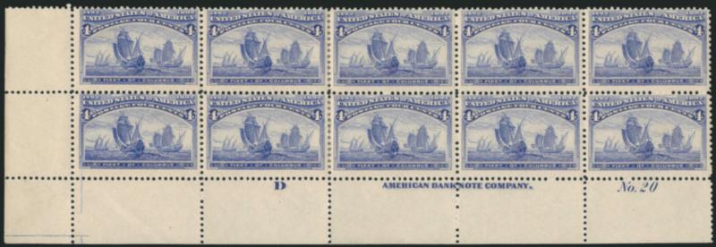 4c Columbian (233).> Bottom left imprint, plate no. 20 and letter D block of ten, original gum, h.r. along one vertical row where perf separations reinforced, other six stamps Mint N.H., rich color, Fine