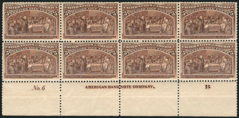 5c Columbian (234).> Bottom imprint, plate no. 6 and letter B at right block of eight, original gum, barest trace of hinging, crisp impression, choice centering, few trivial perf separations, Very
Fine-Extremely Fine, a remarkably well-centered and