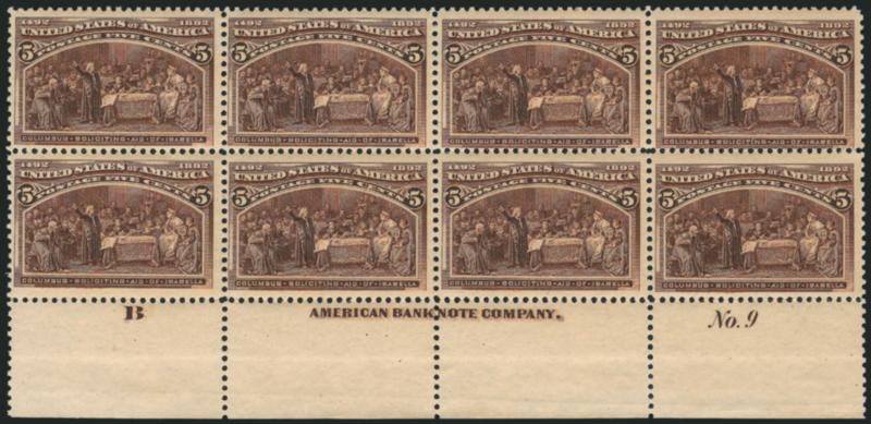 5c Columbian (234).> Mint N.H. bottom imprint, plate no. 9 and letter B at left block of eight, rich color and proof-like impression, fresh and Fine, an attractive plate block