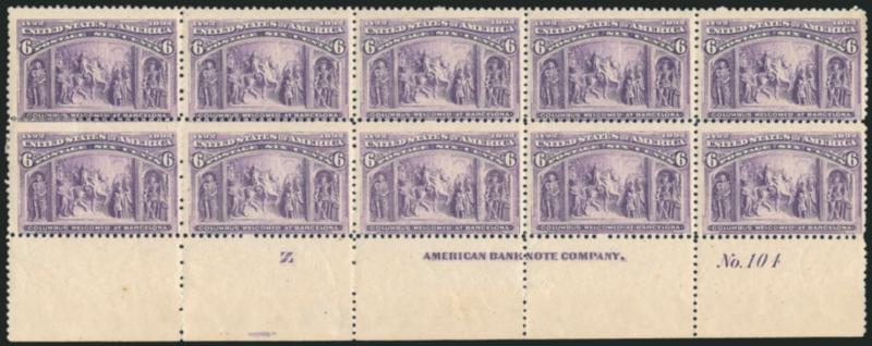 6c Columbian (235).> Bottom imprint, plate no. 104 and letter Z at left block of ten, eight stamps at right Mint N.H., left pair (not part of plate block) h.r. where separations reinforced, radiant color, tiny
thin speck in imprint selvage, centere