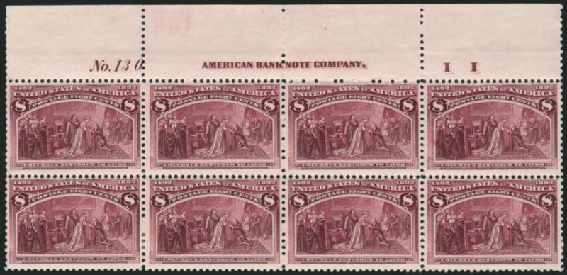 8c Columbian (236).> Top imprint, plate no. 130 and letter I I at right block of eight, original gum, h.r., intense shade and impression, Pos. 7 small tear, appears Fine-Very Fine