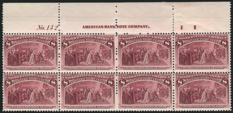8c Columbian (236).> Top imprint, plate no. 132 and letter I I at right block of eight, original gum, stamps lightly hinged, small selvage flaws, Fine