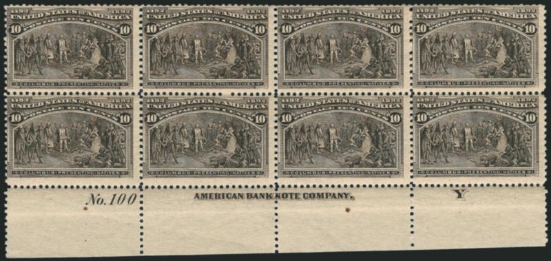10c Columbian (237).> Mint N.H. bottom imprint, plate no. 100 and letter Y at right block of eight, rich color<><>^FINE. A SCARCE MINT NEVER-HINGED PLATE NUMBER BLOCK OF EIGHT OF THE 10-CENT COLUMBIAN
ISSUE.^<><>This Columbian value is difficul