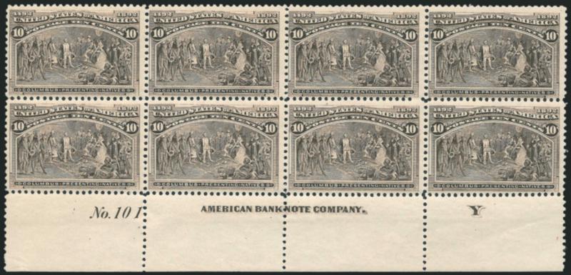 10c Columbian (237).> Mint N.H. bottom imprint, plate no. 101 and letter Y at right block of eight, bright grayish shade, detailed impression, Pos. 7 very faint natural gum wrinkle<><>^FINE-VERY FINE. A
BEAUTIFUL AND SCARCE MINT NEVER-HINGED PLAT