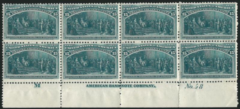 15c Columbian (238).> Bottom imprint, plate no. 58 and letter M at left block of eight, slightly disturbed original gum, small h.r., bit heavy natural gum bends and wrinkles, rich color, few expertly rejoined
perfs at right<><>^FINE-VERY FINE. A