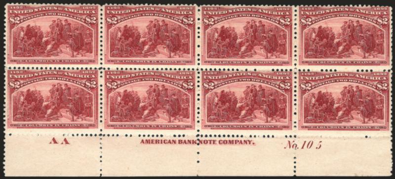 $2.00 Columbian (242).> Bottom imprint, plate no. 105 and letter A A at left block of eight, original gum, lightly hinged, rich color, detailed impression, natural gum bends, few trivial perf separations of no
consequence<><>^FINE-VERY FINE. THIS