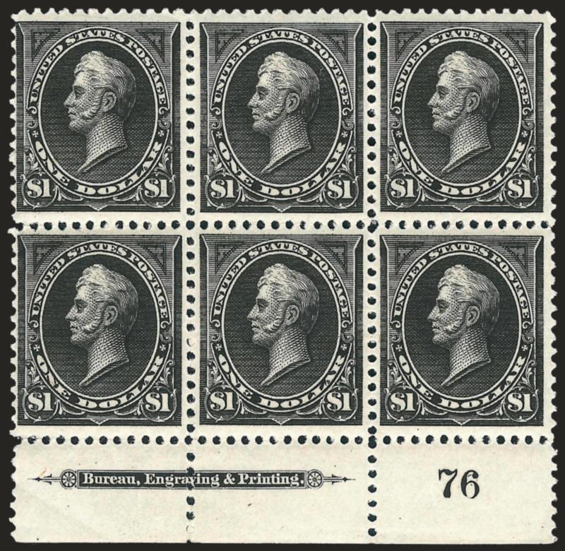 $1.00 Black, Types I-II-II (261-261A-261A).> Bottom imprint and plate no. 76 block of six, original gum, small h.r. at top center and in center selvage, other four stamps Mint N.H., intense shade on bright
paper, natural gum bends, faint crease in bo