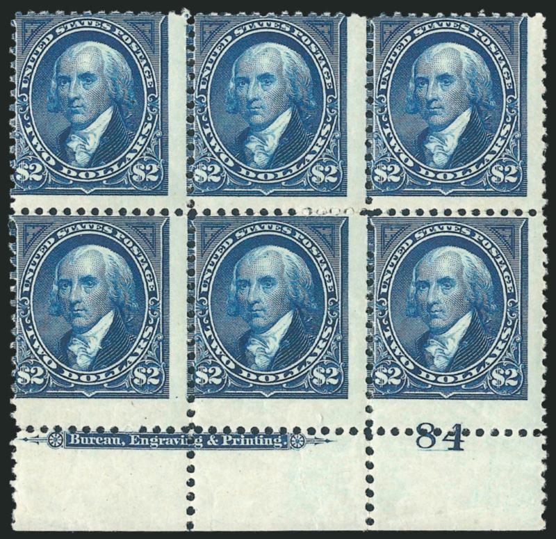 $2.00 Bright Blue (262).> Bottom imprint and plate no. 84 block of six, original gum, lightly hinged, natural gum bends, centered to top left<><>^VERY GOOD. THIS IS THE ONLY RECORDED PLATE BLOCK OF THE 1894
$2.00 UNWATERMARKED BUREAU ISSUE -- A GRE