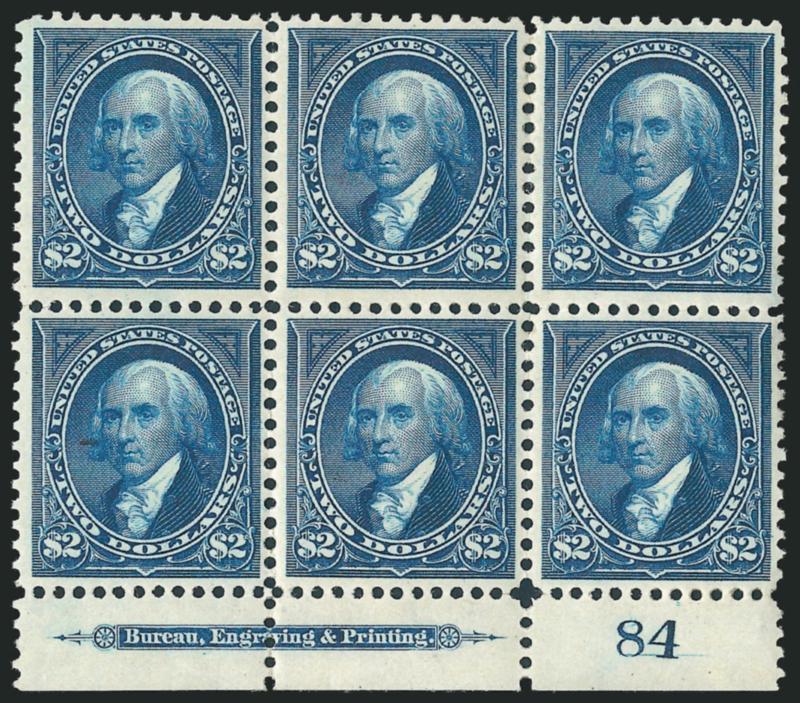 $2.00 Dark Blue (277a).> Bottom imprint and plate no. 84 block of six, original gum, described in our 1985 Rarities sale and in Wampler as having slight gum disturbance which is truly negligible, deep rich
color, detailed impression, choice centering