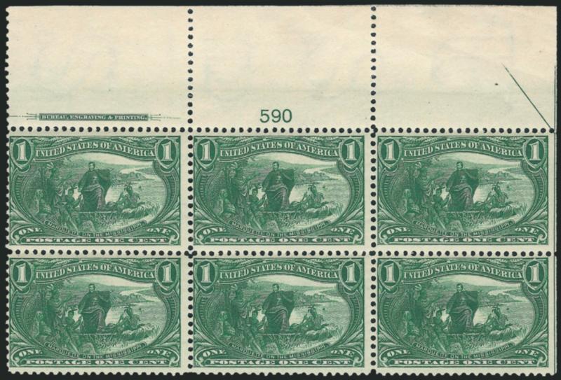 1c Trans-Mississippi (285).> Two items, first is Mint N.H. bottom imprint and plate no. 590 block of six, second is wide top block of six with plate no. 590, imprint and part arrow at right, latter lightly
hinged, Fine