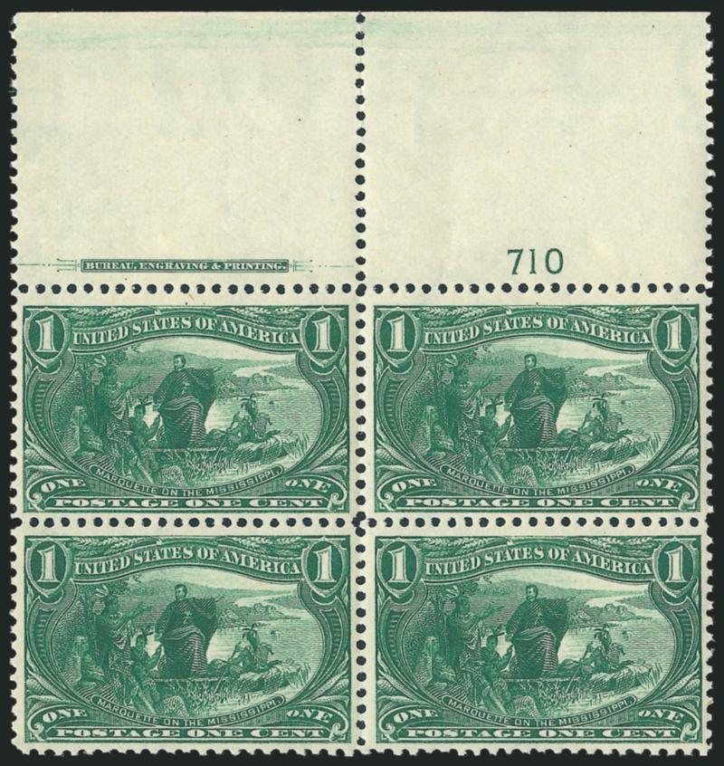 1c Trans-Mississippi (285).> Two items, top and bottom imprint and plate no. 710 blocks of four, top with wide selvage and Mint N.H., bottom lightly hinged, rich colors, Fine-Very Fine