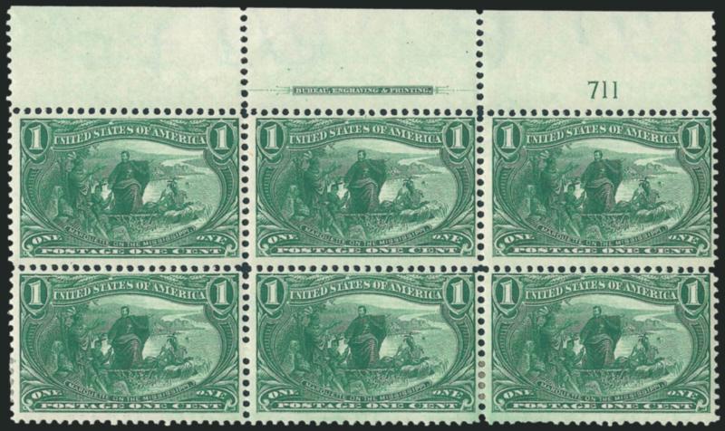 1c Trans-Mississippi (285).> Two items, first is top imprint and plate no. 711 block of six, second is bottom imprint and plate no. 711 block of four, both original gum, h.r., few stamps Mint N.H., Fine