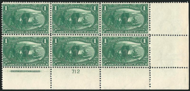 1c Trans-Mississippi (285).> Two items, first is bottom right corner selvage block of six with imprint and plate no. 712, second is top imprint and plate no. 712 block of four, bottom Mint N.H., top h.r., rich
colors, Fine-Very Fine