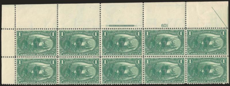 1c Trans-Mississippi (285).> Two items, wide top left and bottom right imprint and plate no. blocks of ten, first plate no. 601, second plate no. 598, stamps Mint N.H., rich color, minor perf separations and
strengthening in selvage only, latter natu