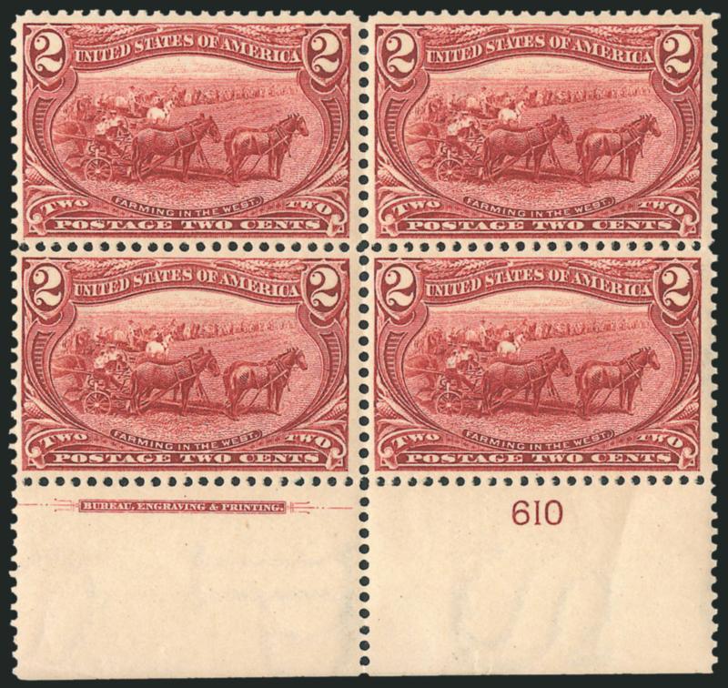 2c Trans-Mississippi (286).> Mint N.H. bottom imprint and plate no. 610 block of four, rich color, crisp impression, well-proportioned margins, Very Fine and choice, a beautiful Mint N.H. plate block