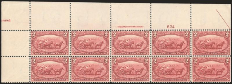 2c Trans-Mississippi (286).> Mint N.H. top left imprint and plate no. 624 block of ten with wide selvage, natural s.e. at right with part arrow, brilliant color, fresh and Fine-Very Fine