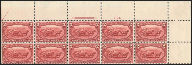 2c Trans-Mississippi (286).> Two items, Mint N.H. top right and bottom right imprint and plate no. 624 blocks of ten, natural s.e. with part arrow at left, radiant color, fresh and Fine-Very Fine matched
set