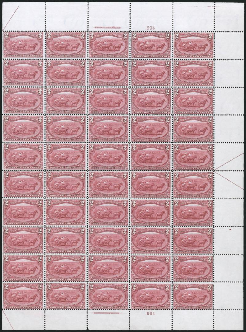 2c Trans-Mississippi (286).> Complete right pane of 50 with imprint and plate no. 694 at top and bottom and arrow at right, original gum, 40 stamps Mint N.H., straight edge stamps have slightly disturbed gum,
few perf separations mostly in selvage, f