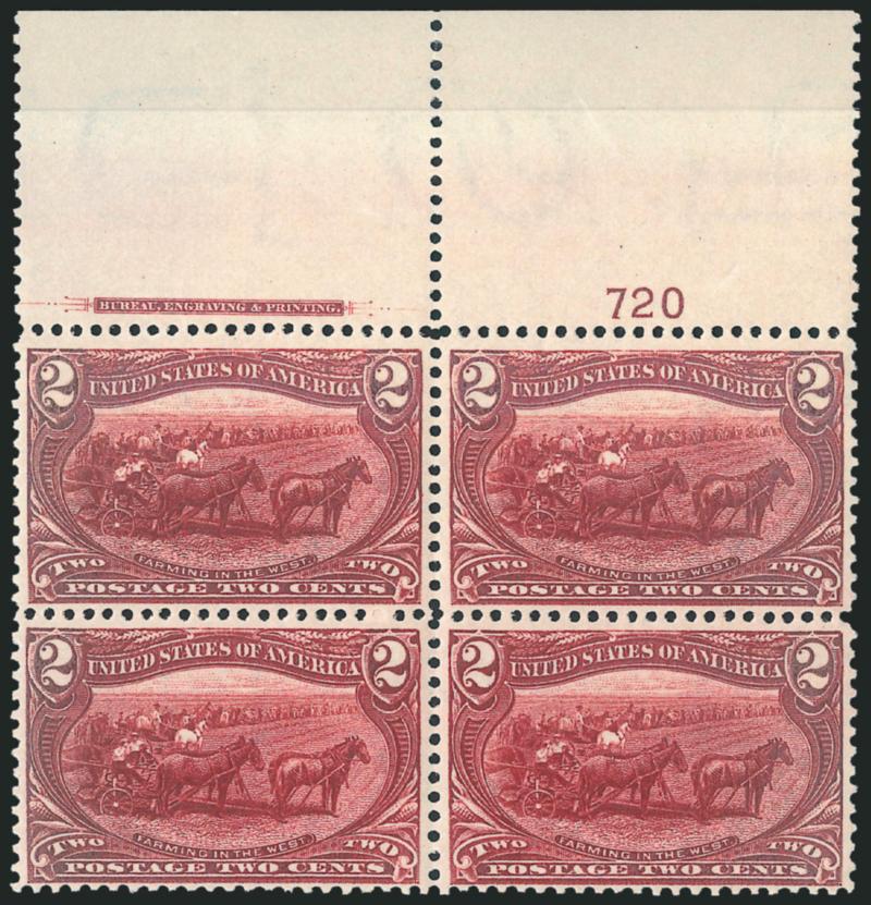 2c Trans-Mississippi (286).> Mint N.H. top imprint and plate no. 720 block of four with wide selvage, deep rich color, choice centering, Very Fine and choice, a pretty plate block