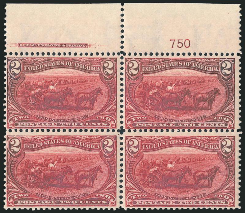 2c Trans-Mississippi (286).> Four imprint and plate no. blocks of four, plate nos. 734, 738, 743 and 750, lightly hinged, fresh and Fine-Very Fine