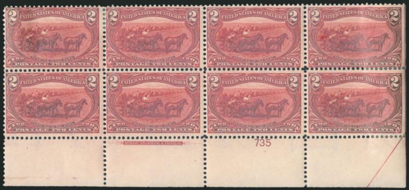2c Trans-Mississippi (286).> Two items, first is top imprint and plate no. 735 block of four, second is bottom imprint and plate no. 735 block of eight, original gum, latter h.r. and with few perf separations,
intense color, Fine