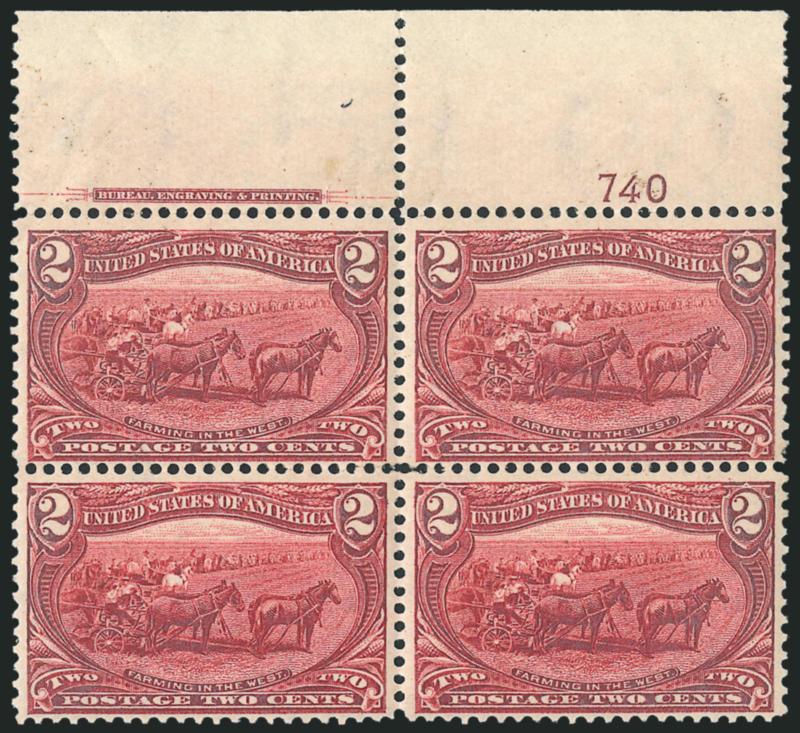 2c Trans-Mississippi (286).> Two items, top and bottom imprint and plate no. 740 blocks of four, original gum, first lightly hinged, second stamps Mint N.H., fresh and Fine