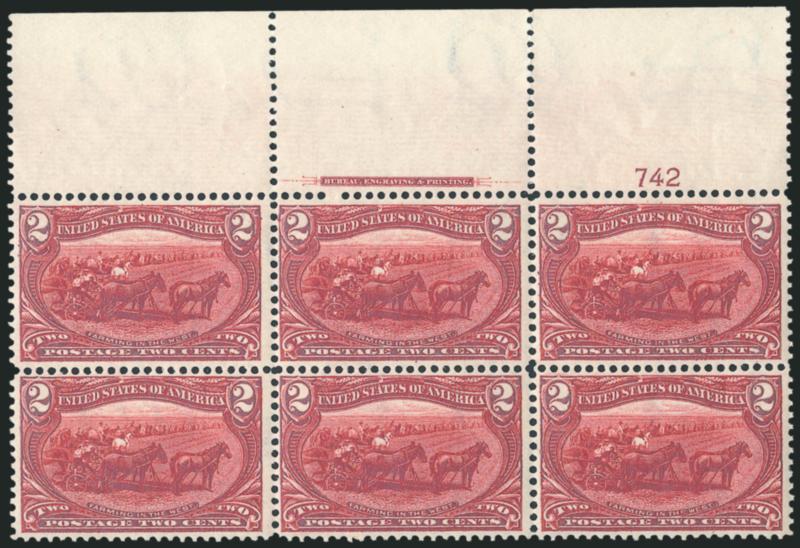 2c Trans-Mississippi (286).> Mint N.H. wide top imprint and plate no. 742 block of six, intense shade and impression on bright paper, fresh and Fine-Very Fine, an attractive Mint N.H. top position plate
block