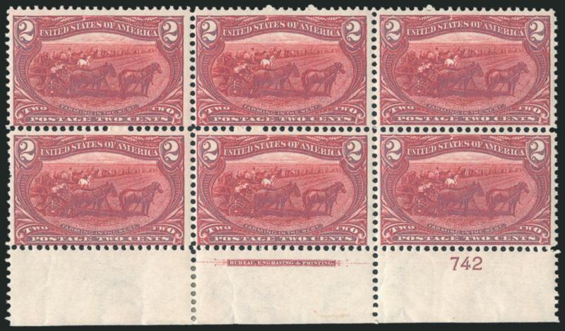 2c Trans-Mississippi (286).> Bottom imprint and plate no. 742 block of six, original gum, h.r. in selvage, intense shade, fresh and Fine-Very Fine