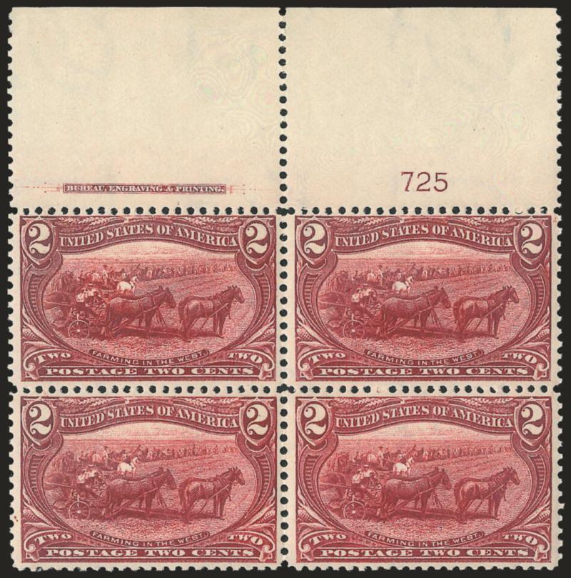 2c Trans-Mississippi (286).> Twelve top or bottom imprint and plate no. blocks of four, top plate nos. 608. 611, 621, 632, 725, bottom plate nos. 597, 625, 641, 699, 703, 704 and 725, interesting range of
shades, few imperfections, most Fine-Very Fin