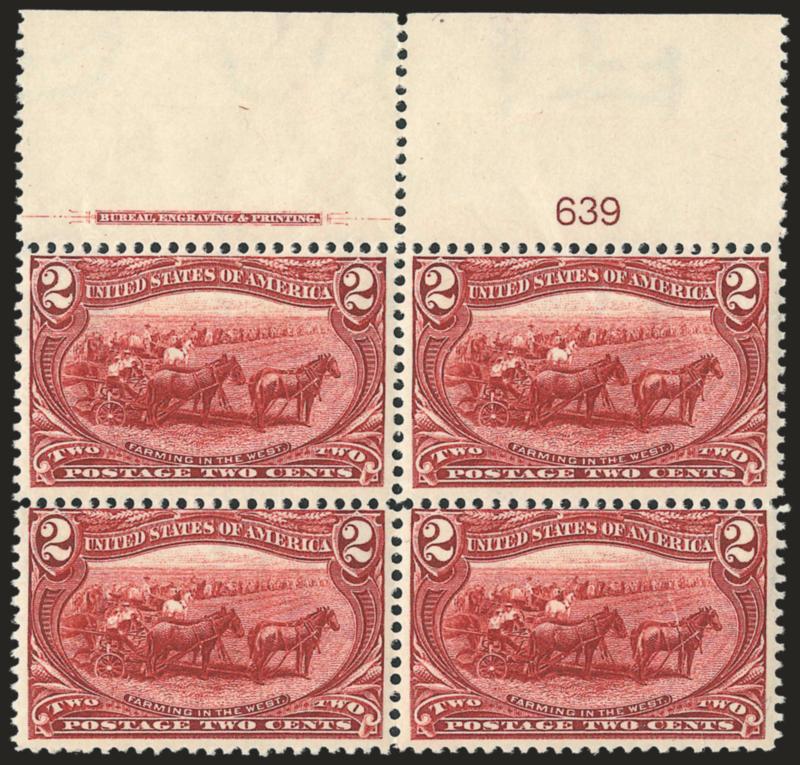 2c Trans-Mississippi (286).> Ten Mint N.H. top imprint and plate no. blocks of four, plate nos. 623, 639, 650, 653, 658, 665, 695, 715, 718 and 721, range of shades, most Very Good-Fine