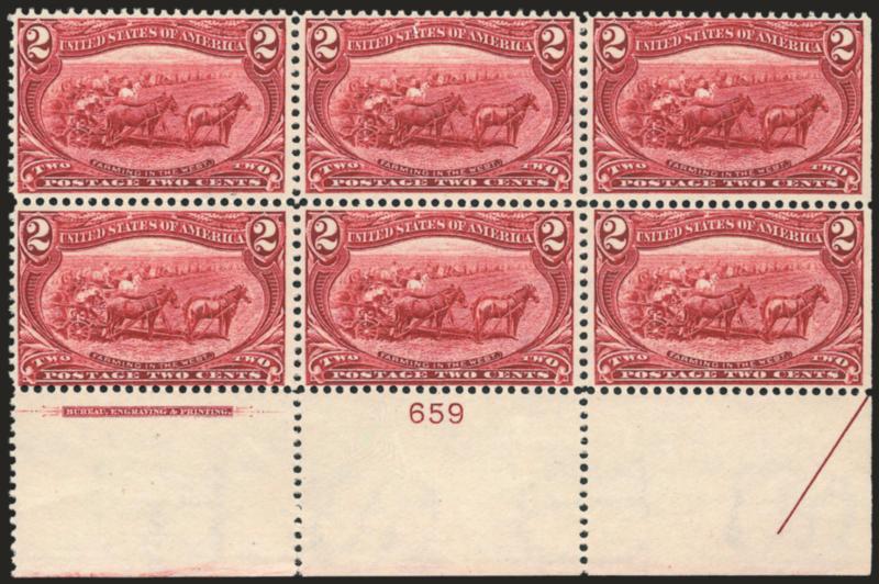 2c Trans-Mississippi (286).> Eleven top or bottom blocks of six with imprint and plate nos., top plate nos. 610, 630, 654, 666, 689 and 728 and all from top right corner of the sheet (one with corner selvage
detached), bottom plate nos. 616, 642, 644