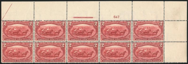 2c Trans-Mississippi (286).> Three Mint N.H. imprint and plate no. blocks of ten, incl. top right plate nos. 647 and 675 and bottom left plate no. 732, second with slight overall toning, few flaws, appear
Fine-Very Fine