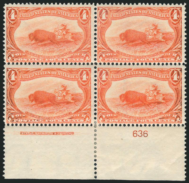 4c Trans-Mississippi (287).> Bottom imprint and plate no. 636 block of four, original gum, small h.r. at bottom, some slight oxidation, natural paper crease affects top left stamp, Fine